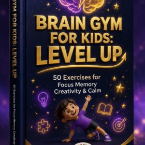 Brain Gym for Kids Level Up workbook cover — 50 brain exercises for focus memory creativity and calm — YOUR MOMMYPAL by Heer Areja