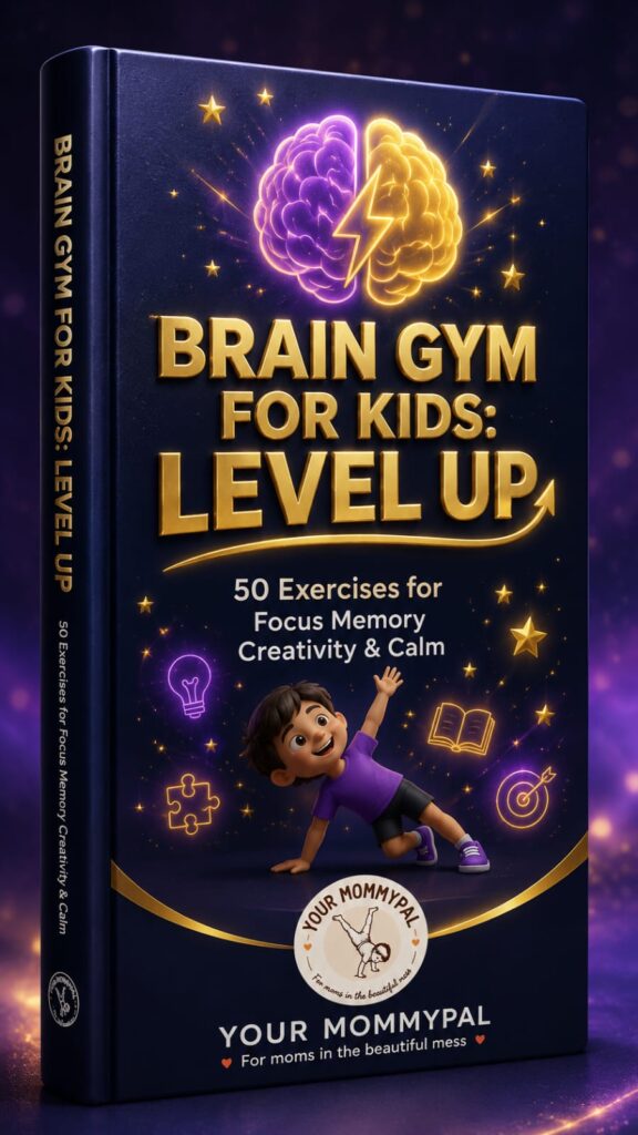 Brain Gym for Kids Level Up workbook cover — 50 brain exercises for focus memory creativity and calm — YOUR MOMMYPAL by Heer Areja