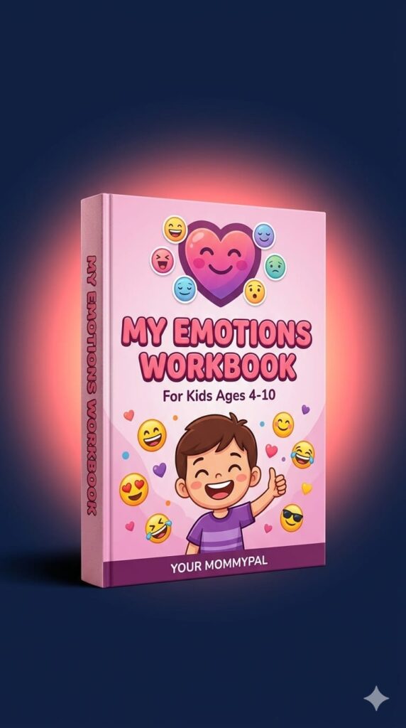 My Emotions Workbook for Kids — 3D book cover for printable activity workbook on feelings and emotional intelligence ages 4-10 by YOUR MOMMYPAL